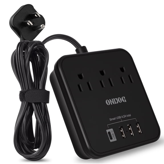 ONDOG Power Strip - 3 AC Outlets and 4 USB Ports (1 USB-C), 6 ft Extension Cord Without Surge Protection Cruise Approved, Black