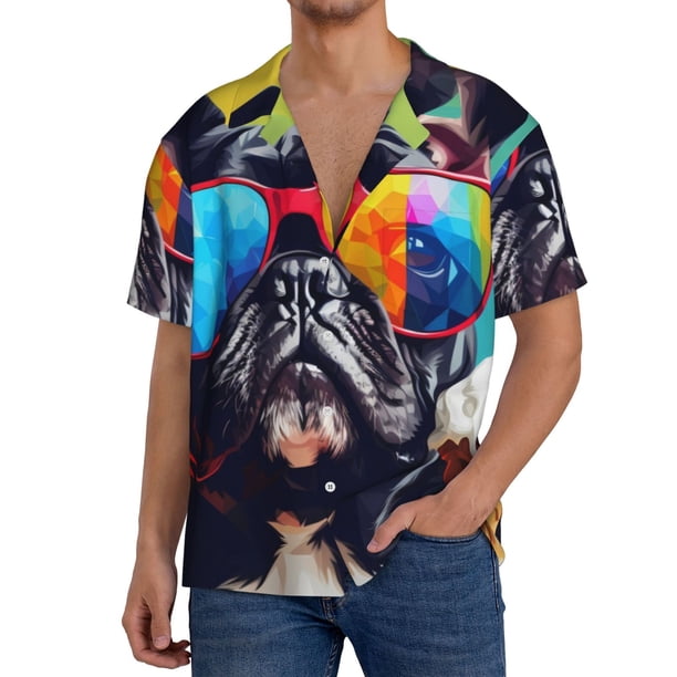 Fotbe Rainbow Bulldog Sunglasses Camisa Estampada de Manga Corta para Hombre, Casual de Verano, Estilo Playero, Sin Arrugas-Large