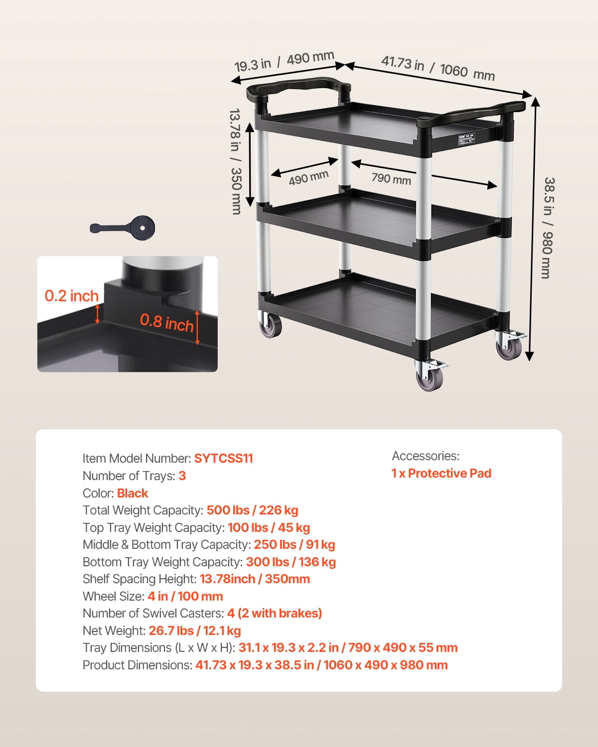 VEVOR Utility Cart, 330 lbs Load Capacity, 3-tier Utility Plastic Cart with 360° Swivel Wheels (2 with Brakes), 31.1 x 19.3-inch Food Service Cart for Warehouse, Office, Home, Restaurant, Kitchen