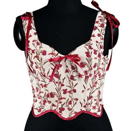 Womens Corsets On Sale Plus Casual Sexy Eyelet Lace-up Embroidery Floral Print Fishbone Corset Court Vintage Straps Tank Top Fashion Women s Denim Overbust Corset Bustier Top qILAKOG Size S