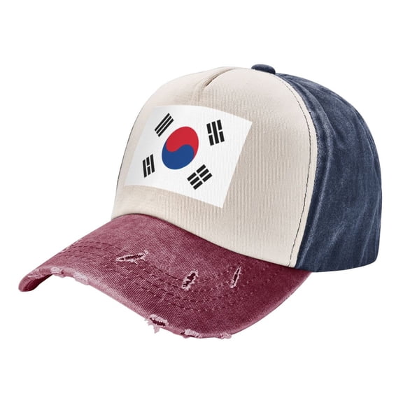 Korean Flag Baseball Cap Distressed Adjustable Vintage Cotton Denim Hat for Women Men