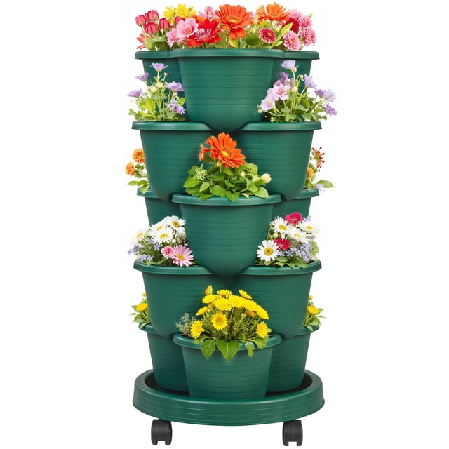 Maceta de jardín vertical VECELO de 5 niveles con riego automático, color verde oscuro