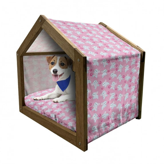 Animal Pet House, Girls Design Pattern with Happy Animals Joyful Fun Playing Dots, Outdoor & Indoor Portable Dog Kennel with Pillow and Cover, 5 Sizes, Pale Blue Pink, by Ambesonne