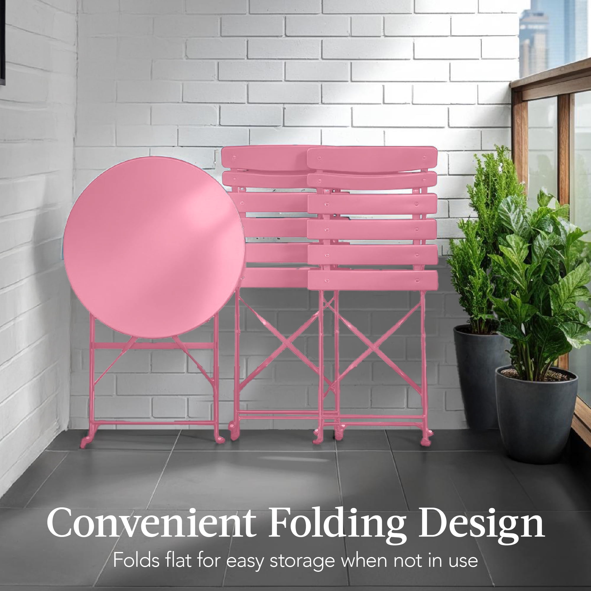 Best Choice Products 3-Piece Small Bistro Set, Folding Patio Furniture Set of 2 Chairs and Table - Pink