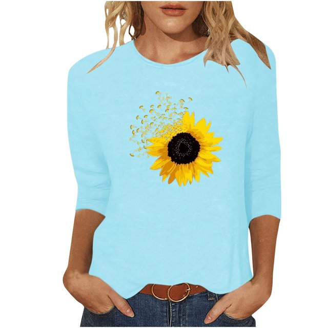 CEHVOM T-shirt Imprimé Mode pour Femmes Manches 3/4 Mi-Longues Blouse Col Rond Tops Décontractés Liquidation