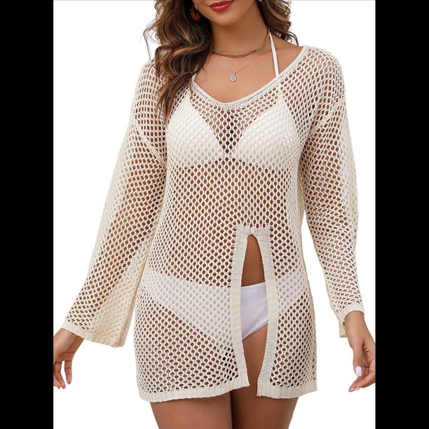 Pañuelos de Crochet para Mujer, Pareos de Baño Calados, Trajes de Verano Tejidos Arroz con Albaricoque un Tamaño