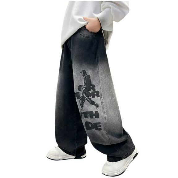 QBABYOO Boys Jeans Baggy Straight Leg Baggy Jeans Kids Boys Y2K Loose Elastic Waist Denim Pants Trousers, Black 12-13Y