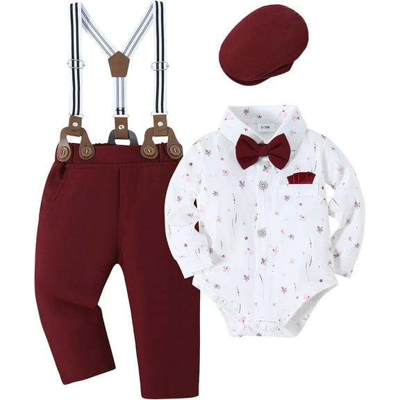 ZOEREA Baby Boy Outfits Suits Infant Formal Dress Clothes Gentleman Wedding Print Shirt Beret Hat Suspender Pants Bowtie