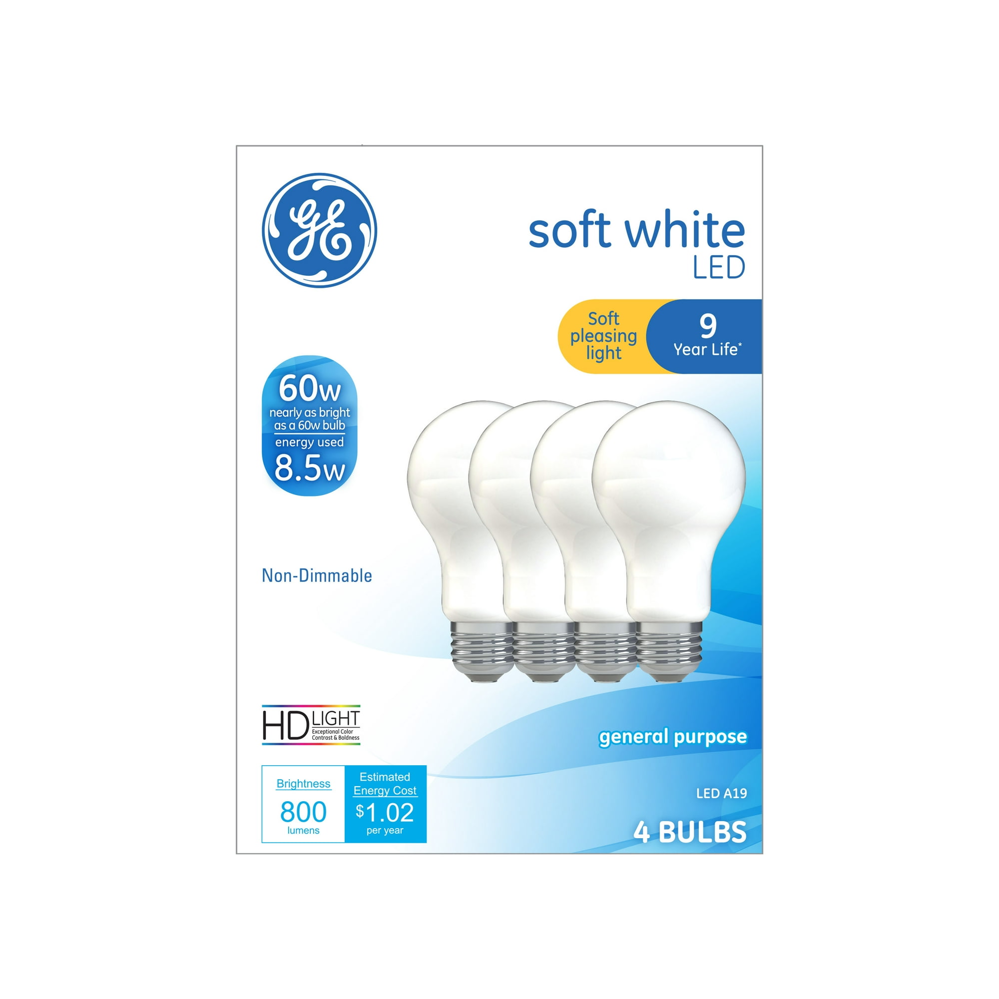 GE LED Light Bulbs, 8.5 Watt (60 Watt Equivalent) Soft White, Medium Base (4 Pack)