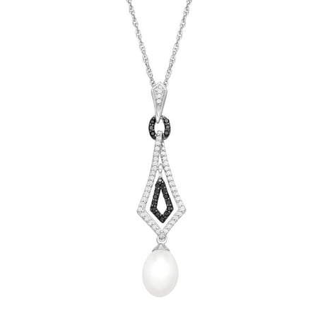 Freshwater Pearl and 1/4 ct Black and White Diamond Pendant Necklace in Sterling Silver