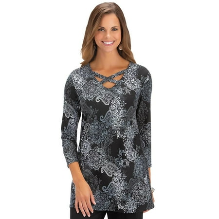 Paisley Print Lattice V-Neck Long Tunic with 3/4 Sleeves - Pair with Leggings or