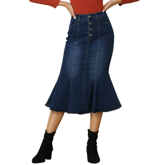 Unique Bargains Jupe en Denim pour Femme Jupe Midi Sirène Délavée Bleu Foncé S