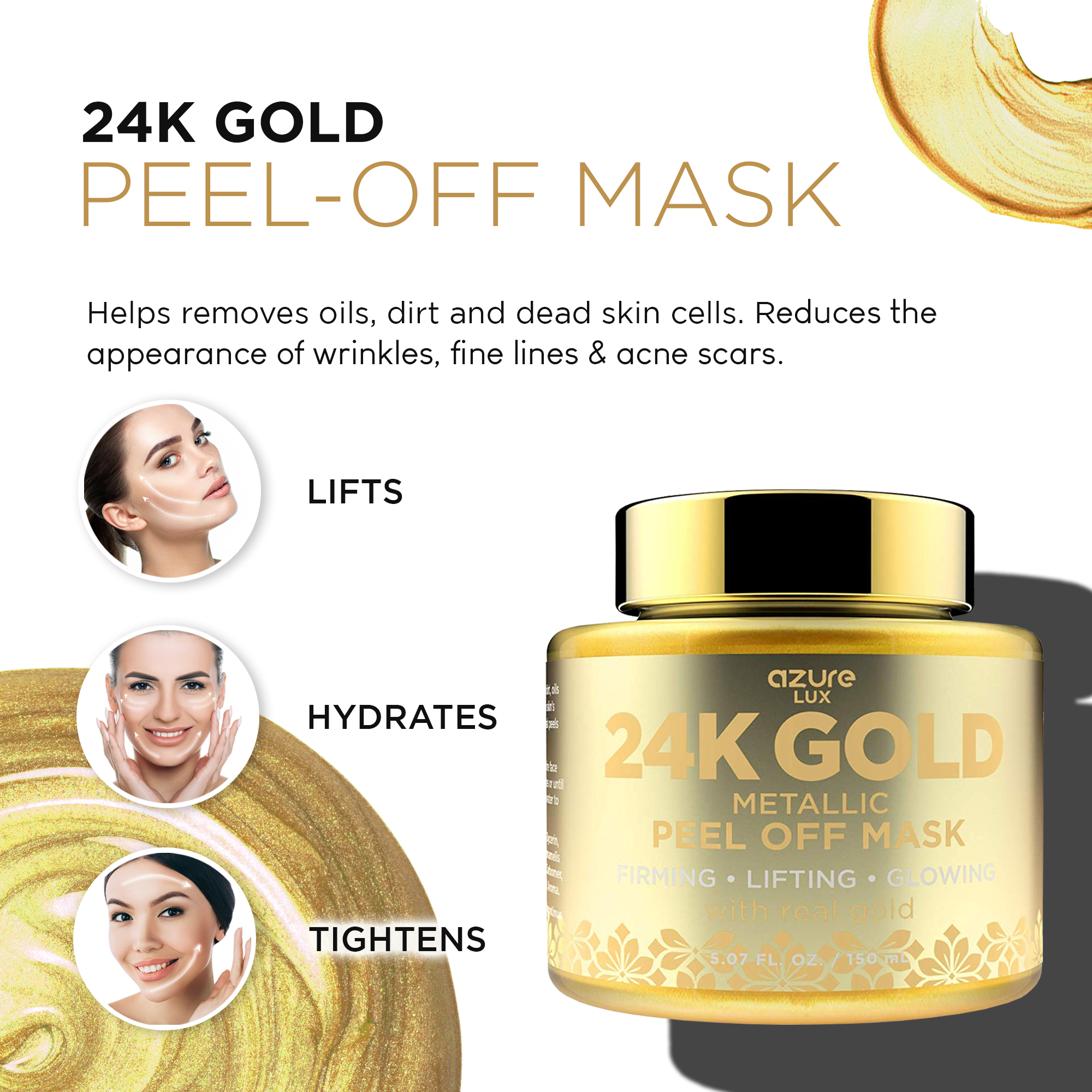 AZURE 24K Gold Metallic Firming Peel Off Face Mask - Exfoliates Blackheads, Dirt & Oils | Firms & Moisturizes | Reduces Wrinkles, Fine Lines & Acne Scar | -150mL - image 4 of 7
