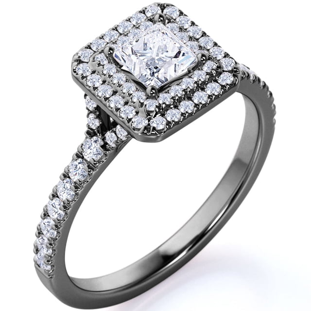JeenMata Impresionante Anillo de Compromiso Gótico con Moissanita de Corte Princesa de 1 Quilate, Engaste Pavé, Cuerpo Dividido y Doble Halo en Oro Negro de 18 K sobre Plata