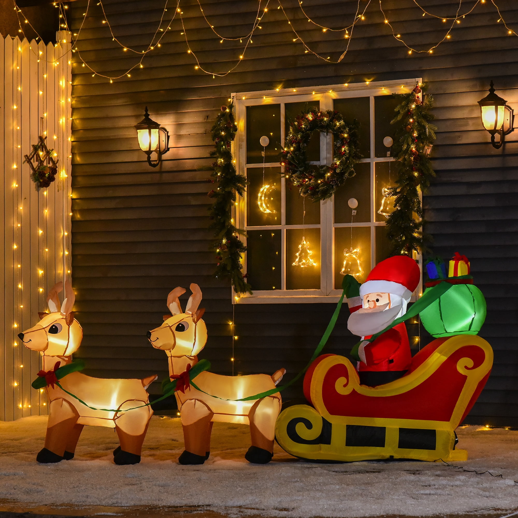 Christmas Inflatable Santa Claus with Sleigh and Reindeer, Outdoor Yard Decoration with LED Lights, Yellow, 94.5 in x 22.5 in x 44 in