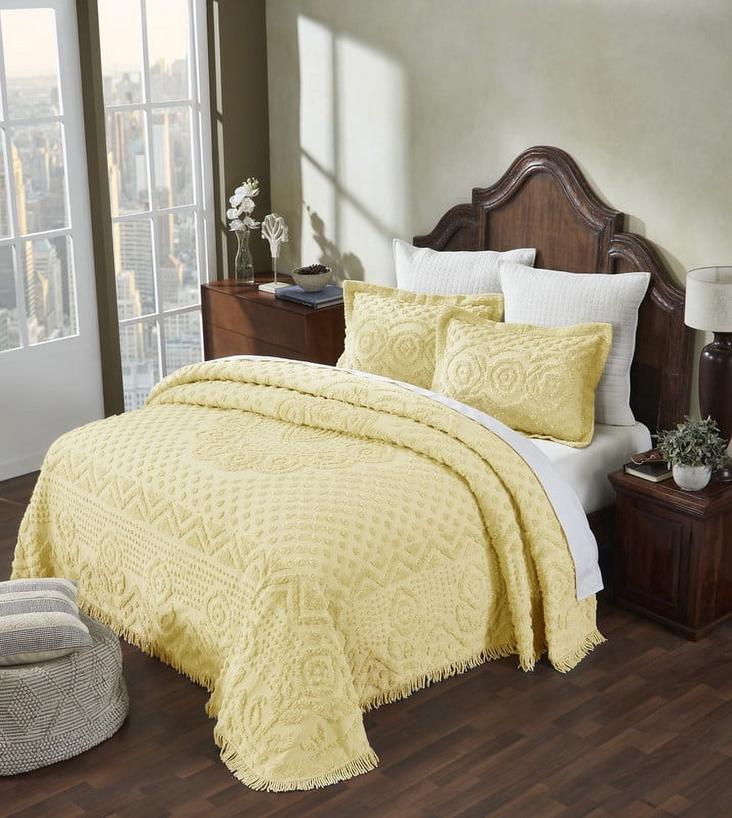 Better Trends 3 Piece Chenille Bedspread Set for Full/Double Bedspread 100% Cotton Medallion Design Lightweight Bedspread for all Season Heirloom Collection (Yellow)