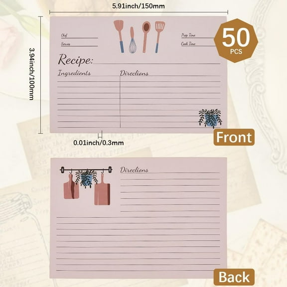 50Pcs 4 x 6 Inch Double Sided Recipe Cards Bridal Blank Cards Paper Rectangle Writable Food Misty Rose Vintage Retro Rustic Thick Cardstocks Pack for Wedding Bridal Shower Housewarming Gifts