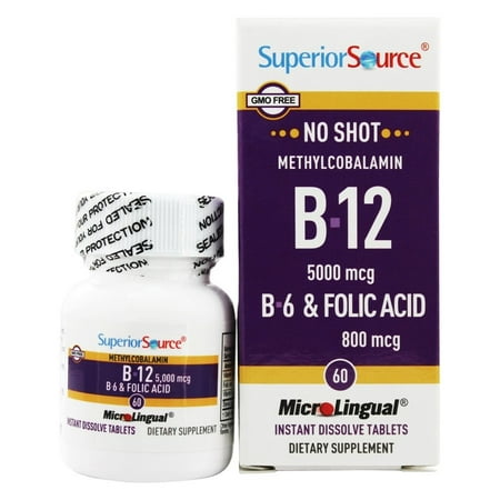 Superior Source - Pas de tir B12 méthylcobalamine 5000 mcg. avec B6 et l'acide folique 800 mcg. - 60 comprimés