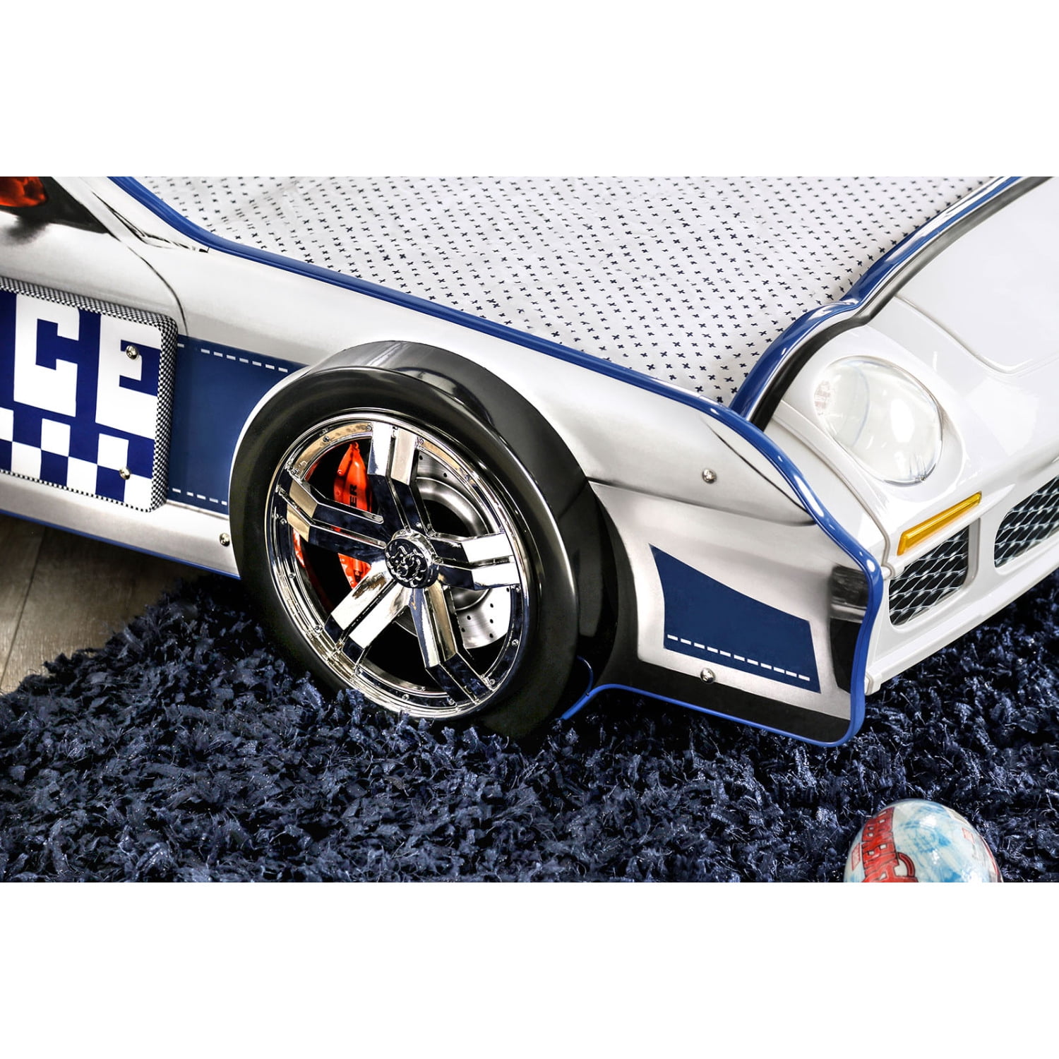 Miekor Furniture Modern Novelty Style Twin Bed Police Car Design With High gloss Design LED Lights On Wheels And Headlights Included Slat Kit Metal Structure Painted Edges Blue And White Finish MK3642