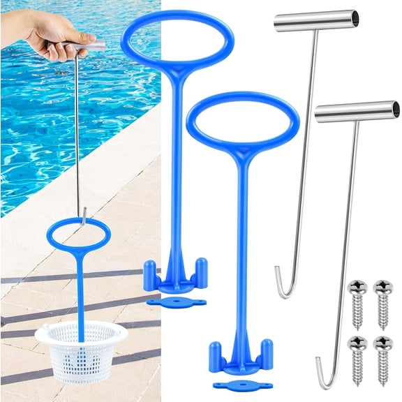 Surpdew 2 Set Skimmer Basket Handle,Pool Skimmer Baskets Hook Tool With Handle,Inground Swimming Basket Handle Cleaning Tool For Debris Removal,Keep Hands Clean And Safe Supplies Blue