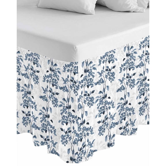 Blue Fruit Wrap Around Bed Skirts for Queen Bed 16" Drop,Bed Skirt with Adjustable Elastic Belt Dust Ruffle Bed Valance for Bedroom Hotel Vintage Plant Nature Botanical Flower Floral Bed Frame Cover