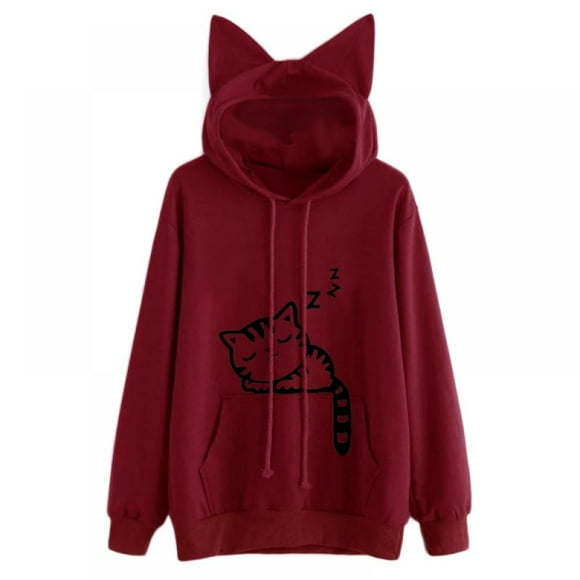 Women Teen Girls Cat Hoodie Sweatshirt Cute Cat Ear Sleeping Cat Printed Pullover Sweatshirt
