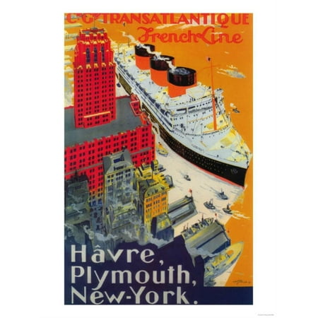 Havre, France - French Line Travel Poster, Havre to Plymouth, NY Print Wall Art By Lantern
