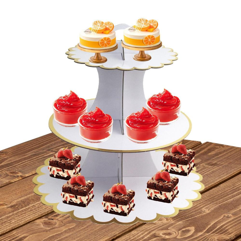 Ksruee Cardboard Cake Stand White & Gold Paper Cupcake Holder Round