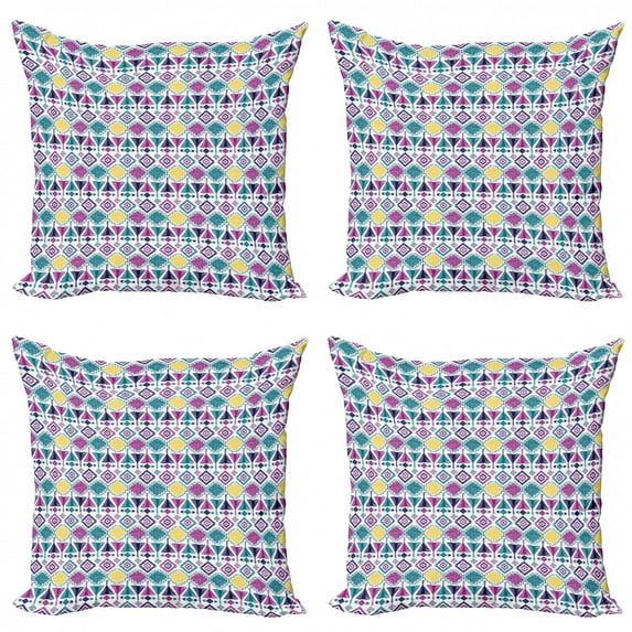 Tribal Throw Pillow Cushion Case Pack of 4, Sketchy Pattern of Colorful Ancient Tents and Other Shapes Old Times Layout, Modern Accent Double-Sided Print, 4 Sizes, Multicolor, by Ambesonne