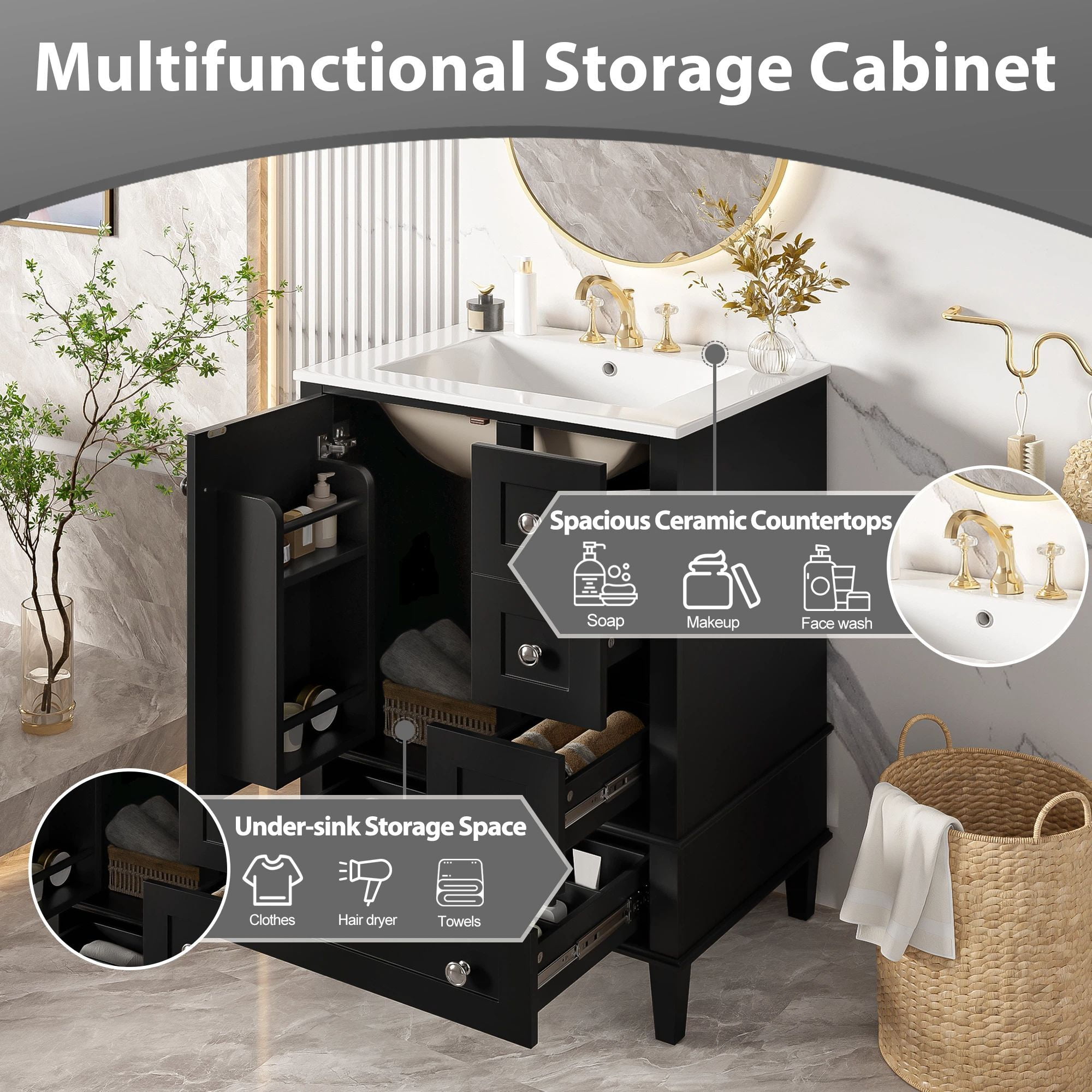 MODERNLUXE 24" Bathroom Vanity with Ceramic Sink,Modern Bathroom Storage Cabinet with A Door-mounted Double-Layer Shelf,1 Soft Closing Door & 3 Drawers, Freestanding Cabinet with Sink Combo Set,Black
