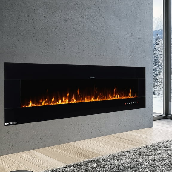 Northwest 72in Wall Mount Electric Fireplace with Bluetooth Speakers, Black