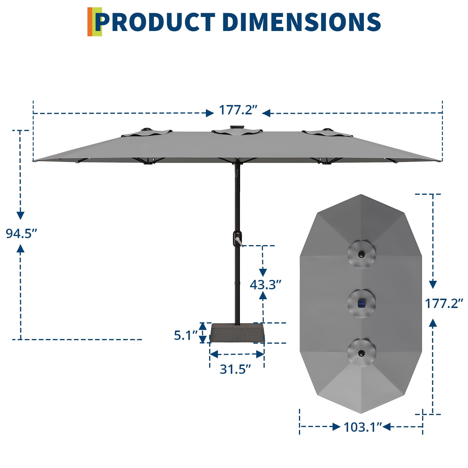 15ft Patio Umbrella with Solar Lights, Outdoor Large Umbrellas with Crank Handle and 36 LED Lights, Rectangular Market Umbrella with Base Included for Deck Pool Shade