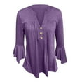 thumbnail image 4 of Teissuly Women's Casual Trumpet 3/4 Sleeve Buttoned Basic Ruched Tops Pleated T-shirts Blouses, 4 of 7