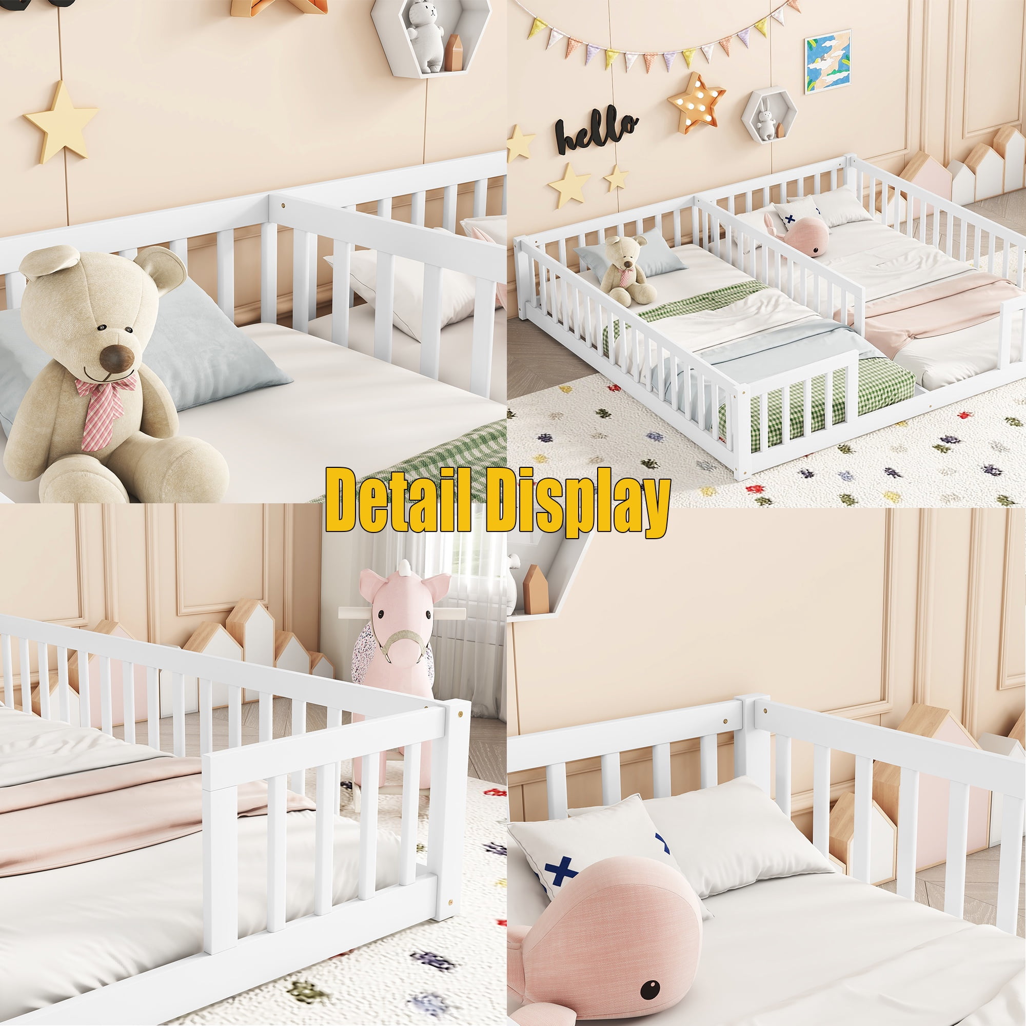 Bellemave Twin Floor Bed for 2, Wood Double Floor Bed with Fence,Two Montessori Bed Side by Side for Bedroom (White)