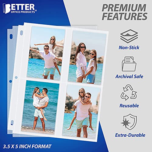25 Pack by Better Office Products Heavyweight 200 Total Photos Photo Album Refill Sheets Each 4-Pocket Sheet Holds Up to 8 Photos 3.5 x 5 Inch Diamond Clear 3 Ring Photo Binder Page Refills 