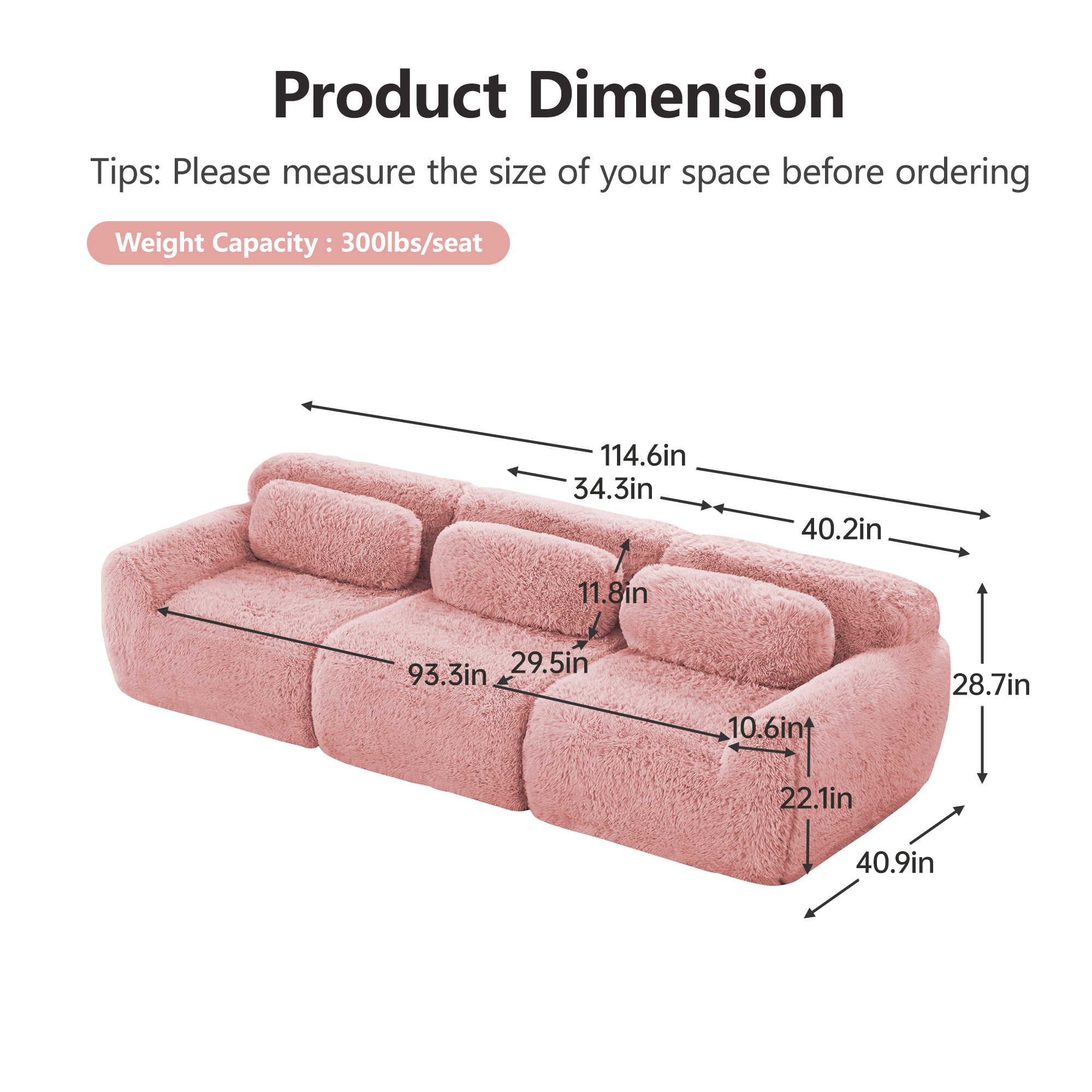 Aukfa 115" Faux Fur Modular Sectional Sofa, 3-Seater Deep Seat Boneless Couch for Living Room, Pink