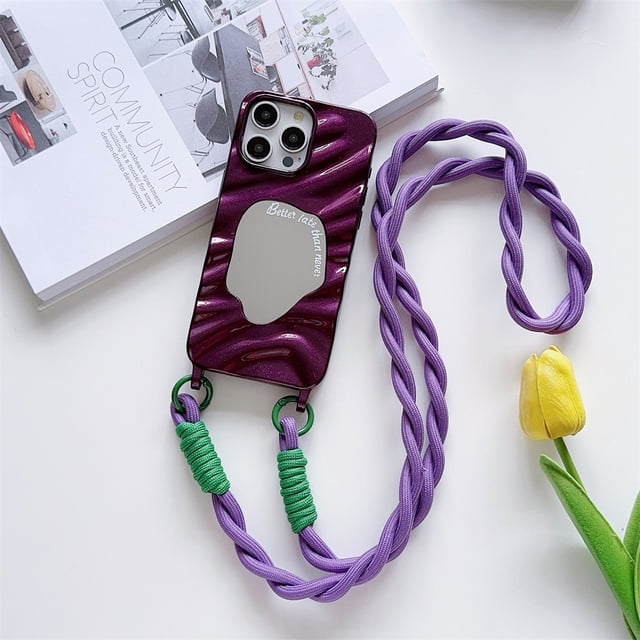 Crossbody Lanyard Wave Mirror Phone Case for IPhone 15 Pro Max 14 13 12 11 X XR 6 7 8 Plus Braided Rope Protective Cover Fashion