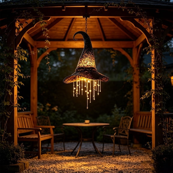 8Inch Lighted Witch Hat Hanging Chime with LED Lights, Halloween Porch Yard Decor