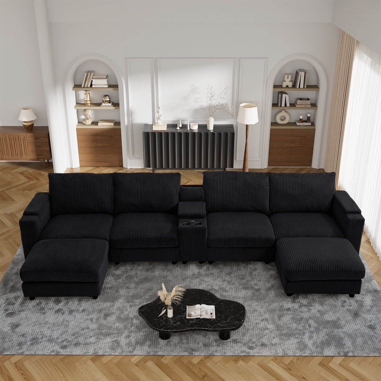 Wiilayok 153" Oversized U-Shaped Cloud Couch Sectional with Modular Design for Living Room: Comfy Corduroy, Ottoman, USB Port, Cup Holder, Armrest Storage, Side Pocket, Black