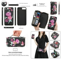 Feishell for iPhone 7/8/SE 2020/SE 2022 Crossbody Wallet Detachable Case,for Women Girls,Flower Pattern PU Leather RFID Blocking Multi Card Slots Zipper Phone Case with Shoulder & Hand Strap,Black