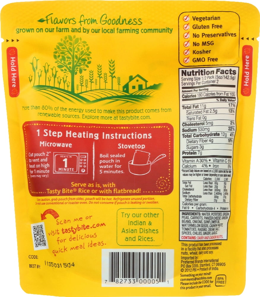 Tasty Bite Jaipur Vegetables, Indian Entree, 10 Oz, Pack of 6