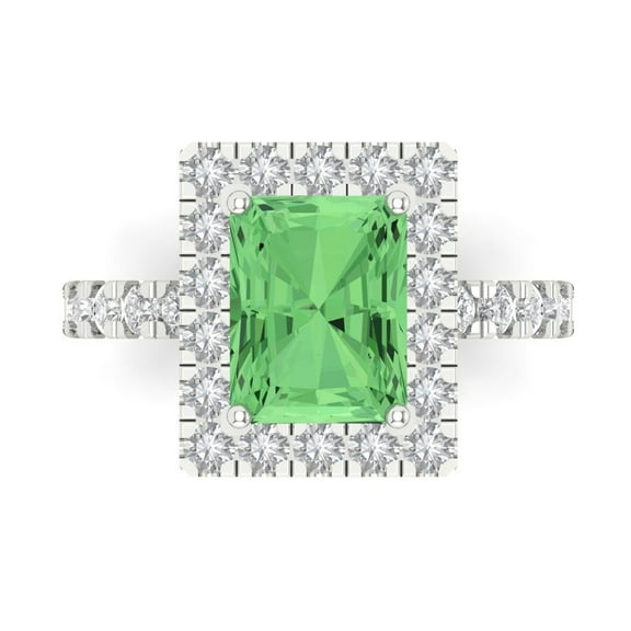 3.84ct emerald cut green Crystal 14k white gold engraving statement bridal wedding halo Designer Ring size 7.5