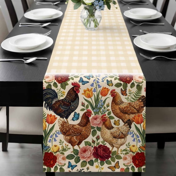 Farmhouse Table Runner, Watercolor Hen Chicken Spring Flowers Farm Butterfly Washable Cotton-linen Table Runners Dining Kitchen Decoration for Everyday Home Wedding Party Decor, 13 x 36 Inch
