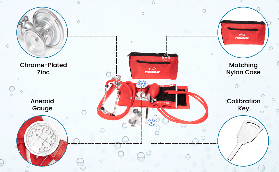 Primacare DS-9181-RDWM Professional Aneroid Sphygmomanometer and Sprague Rappaport Stethoscope, Manual Blood Pressure Kit with Cuff and Carrying Case, Red