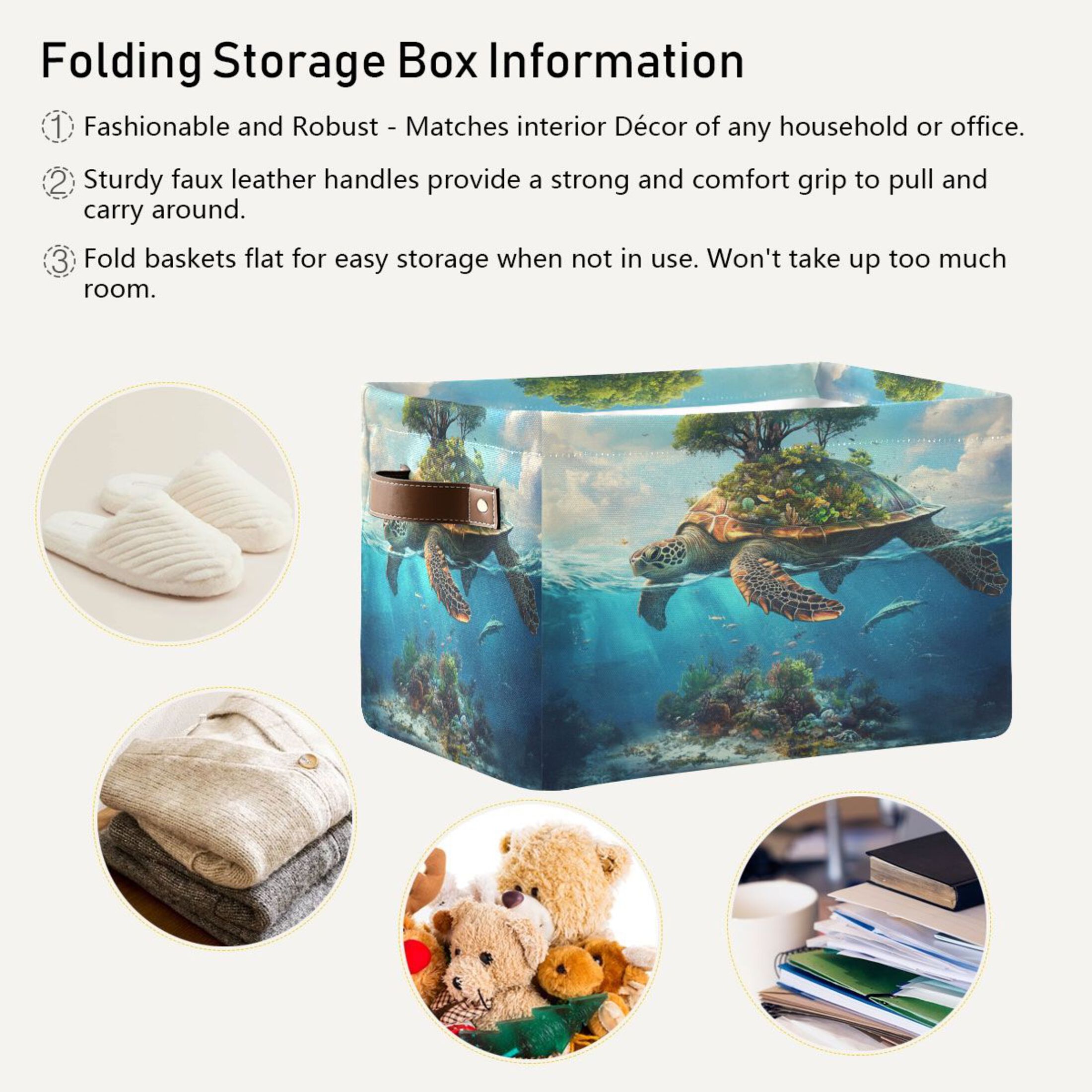 Sea Turtle Carrying Island Foldable Storage Basket,Canvas Fabric Foldable Storage Bins with Handles Open Home Storage Bins Boxes for Toy Book Shelf Closet Baskets