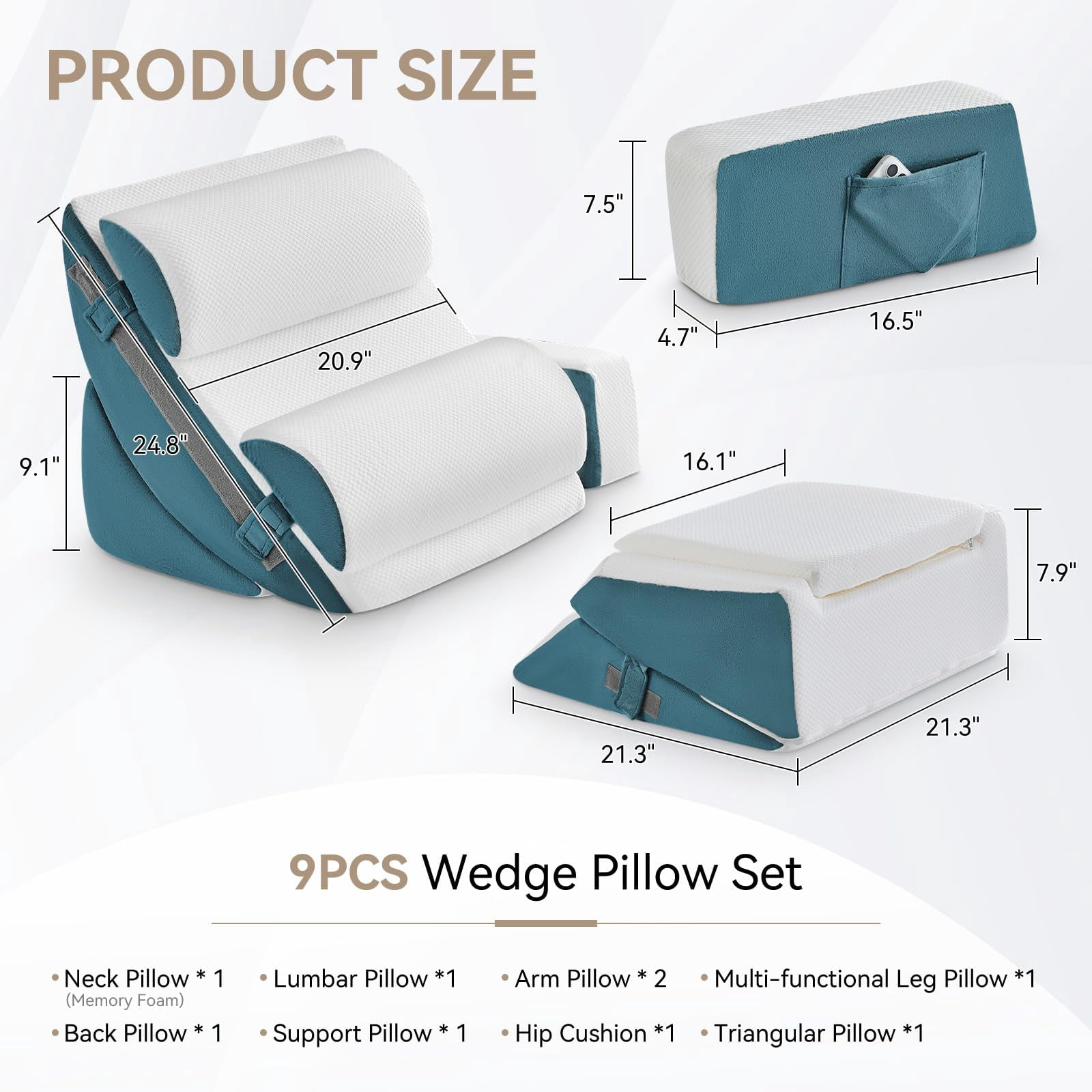 9pcs Bed Wedge Pillow Set For Sleeping  And Leg Foam Body Triangle Adjustable Support - Acid Reflux Pillows Navy