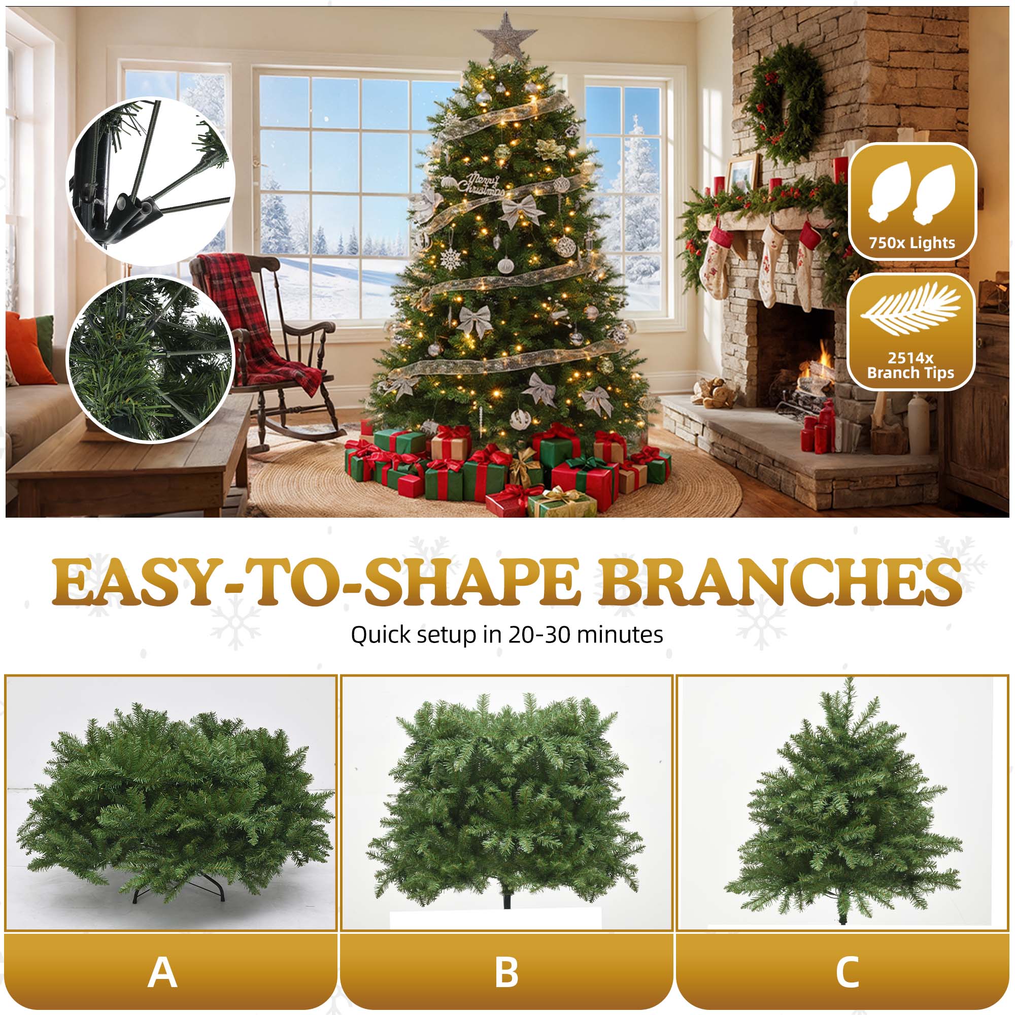 Uforic 7.5ft Pre-Lit Artificial Christmas Tree with 2514 Branch Tips&750 Lights,  11 Light-Modes, Remote Control, Green