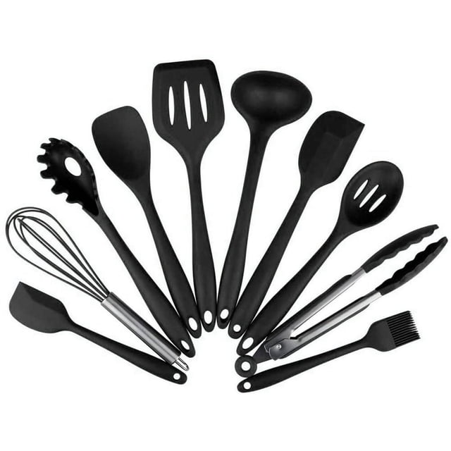 Juego de utensilios de cocina de silicona, cucharas de cocina, espátulas, pinzas, cucharas espumaderas, cucharones de sopa, batidores, pinzas para espagueti. (Negro)