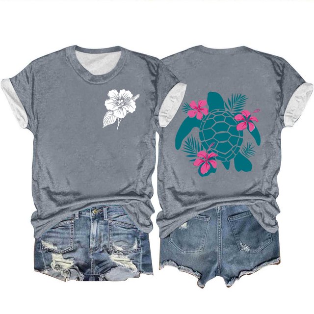 Fiudx Camisas de Mujer Tops de Cuello Redondo de Manga Corta con Estampado de Océano a La Moda para Mujer