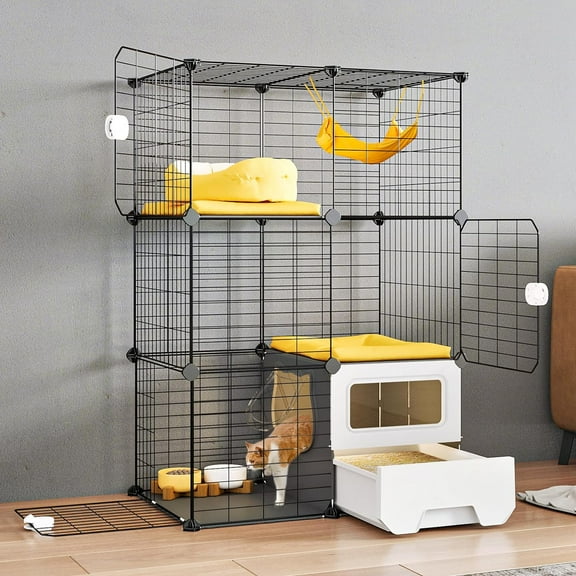 Cat Cage Indoor with Litter Box 3-Tier DIY Cat Detachable Metal Wire Kennel Crate Large Exercise Place Ideal for 1-2 Kitten